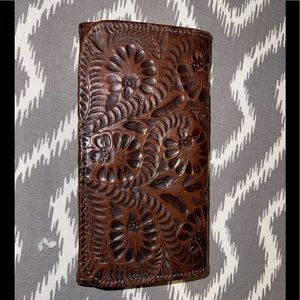 American west tri fold tooled brown leather wallet